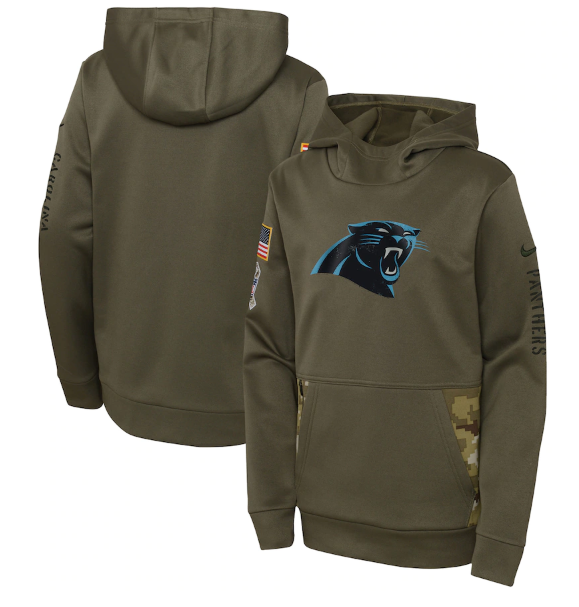 Youth Carolina Panthers 2022 Olive Salute to Service Therma Performance Pullover Hoodie